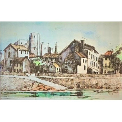 46 - French school, 20th century, Buildings on the riverside Arles France, watercolour, 17 x 24 cm. Prove... 