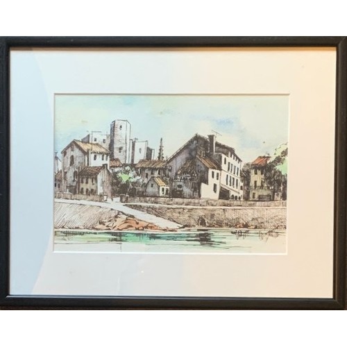 46 - French school, 20th century, Buildings on the riverside Arles France, watercolour, 17 x 24 cm. Prove... 