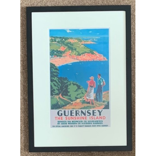 48 - Framed advertising poster, 1960's, Guernsey The Sunshine Island, with view of Fermain Bay from the c... 