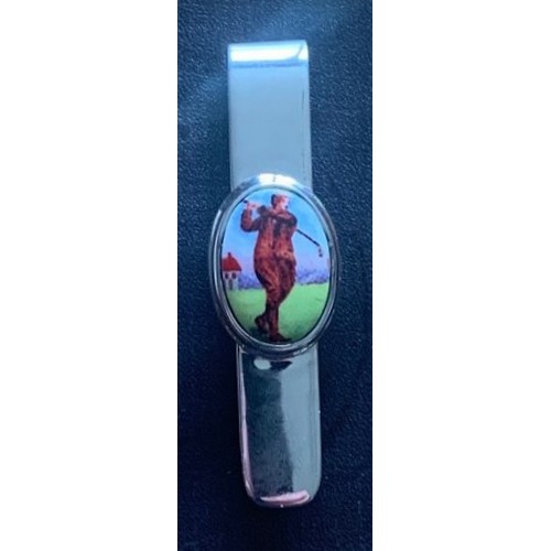 54 - Silver golf score clip with enamel image of a golfer.