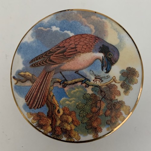 29 - Prattware pot lid and base, the circular lid with image of a Red Backed Shrike, 8 cm diameter.