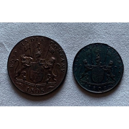 92 - Shipwreck salvaged coins, East India Company, 10 & 20 cash dated 1808, very fine, Minted in Birmingh... 