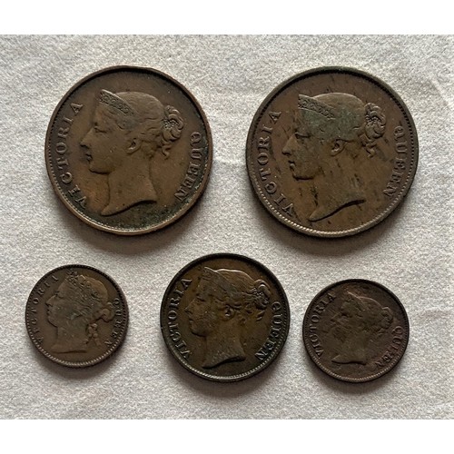 95 - Straits Settlement, quarter, half and one cent 1845, one cent 1862 and quarter cent 1901 (5).