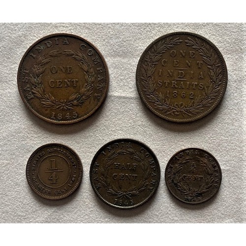 95 - Straits Settlement, quarter, half and one cent 1845, one cent 1862 and quarter cent 1901 (5).