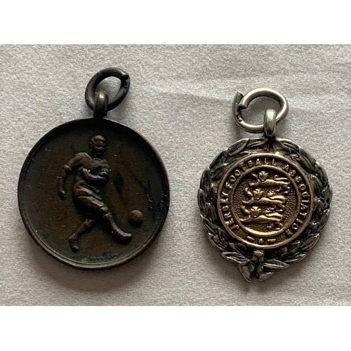 98 - Bronze Guernsey football medal G.S.F.A. Spiller 1928-29, Jersey Football Association silver medal Cu... 