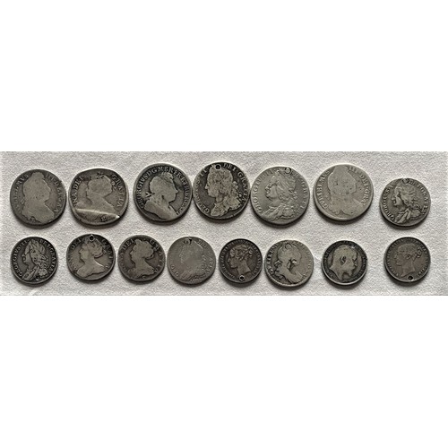 91 - Various British Monarchs, William III to Edward VII, worn/bent/holed shillings and sixpences, weight... 