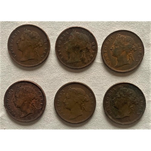 96 - Straits Settlement, six one cent coins, 1873-1900 (6).