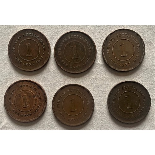 96 - Straits Settlement, six one cent coins, 1873-1900 (6).