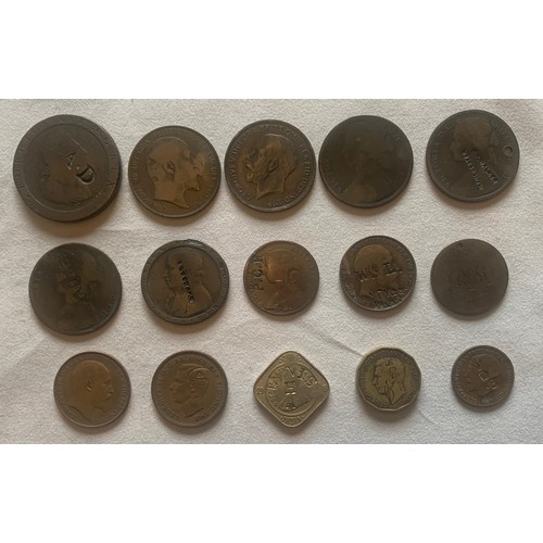 99 - Fifteen stamped and/or engraved mainly British coins (15).