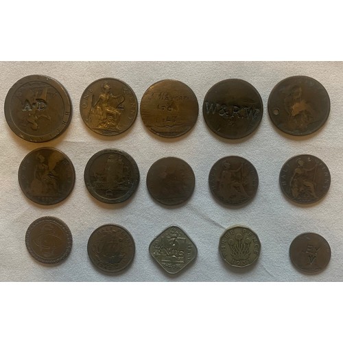 99 - Fifteen stamped and/or engraved mainly British coins (15).