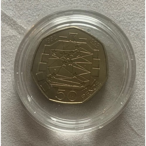 101 - UK Fifty Pence, 1992/1993 EEC Presidency, brilliant unused in capsule, mintage 109,000. * Rarer than... 