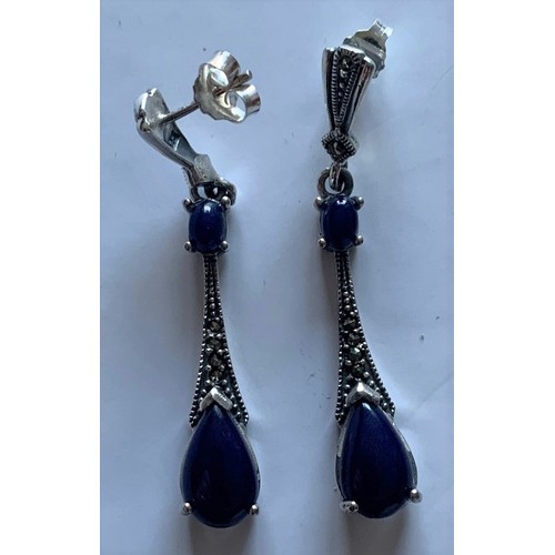 115 - Pair of silver marcasite and Lapis Lazuli drop earrings