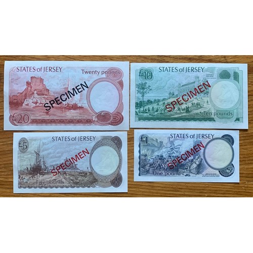 151 - Set of four States of Jersey Specimen banknotes. B series circa 1977, £20, £10, £5 and £4. Treasurer... 