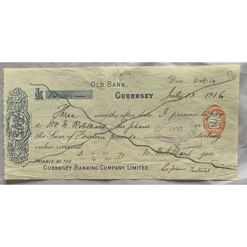 152 - A Guernsey promissory cheque / banknote, Fourteen pounds, Old Bank, Guernsey 1916.