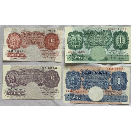 160 - Four English banknotes, Peppiatt WW2 10 shilling banknote, VF, Peppiat pre WW2 VF, O'Brien one pound... 