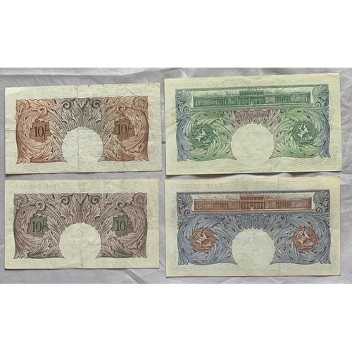 160 - Four English banknotes, Peppiatt WW2 10 shilling banknote, VF, Peppiat pre WW2 VF, O'Brien one pound... 