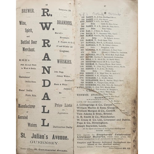 184 - Guernsey Telephone Directory 1908, a/f, page 47 damaged.