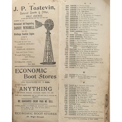 184 - Guernsey Telephone Directory 1908, a/f, page 47 damaged.