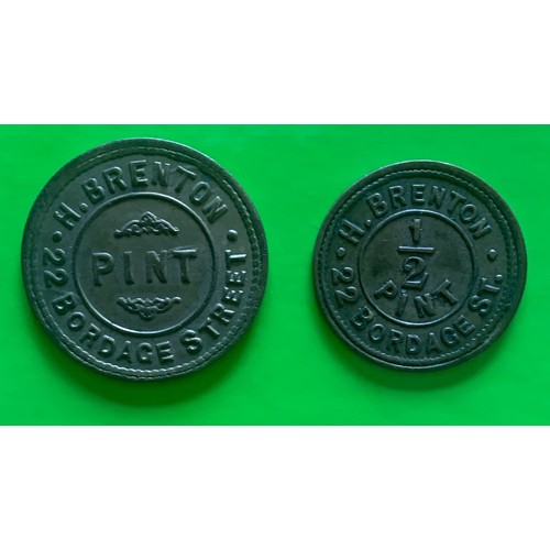 19 - Two Guernsey Brass Tokens, H.Brenton, 22 Bordage Street 1 Pint and H.Brenton 22 Bordage Street 1/2 P... 