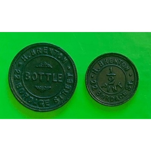 20 - Two Guernsey Copper Tokens, H.Brenton 22 Bordage Street Bottle and H.Brenton  Bordage 1/2 Pint (2).