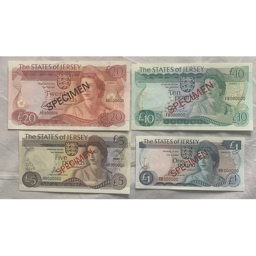 24 - A collection of four Jersey Specimen banknotes, £20, £10, £5 and £1, Treasurer May (4).