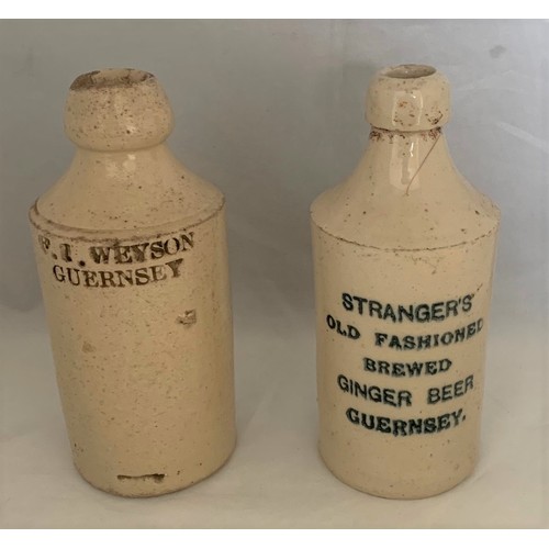 50 - Two Stoneware Ginger Beer bottles, F.J Weyson sic (Weysom) Guernsey and Strangers GB Guernsey, as fo... 