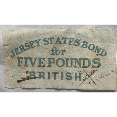 67 - Banknote - The States of Jersey, Five Pounds Banknote 1840, circulated.