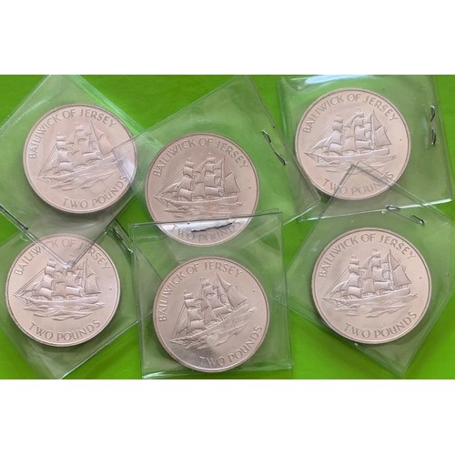 70 - Six Jersey sterling silver Two Pound coins dated 1972, the obverse with the sailing ship Alexandra, ... 