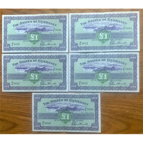 96 - States of Guernsey, Five consecutive one pound notes, 35B 0090- 0094 1st June 1963, Treasurer L.Guil... 