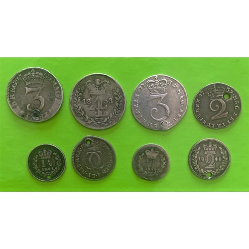 76 - Maundy coins, worn, damaged, pierced, 1687 2d, 1708 3d, 1732 2d, 1739 2d, 1853 4d, 1848 2d, & 2 penn... 