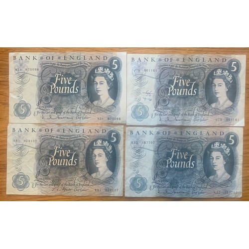 97 - Four Bank if England Five Pound Banknotes 1960's Treasurer Hollom (4).