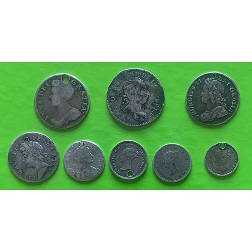 75 - Eight Maundy coins, all damaged, worn or pierced, 1679 2d, 1687 3d, 1710 4d, 1731 3d, 1775 4d, 1838 ... 