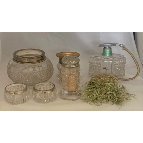 118 - Cut glass atomiser, silver topped and cut glass open salts, jars etc a/f.