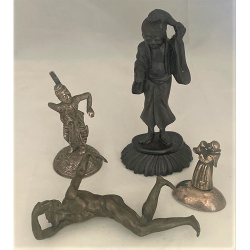 119 - Oriental bronze figure, Thai white metal dancer, white metal monk and another bronze figure (4).