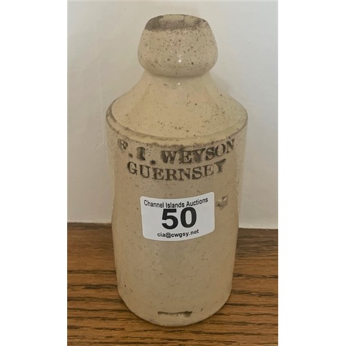 50 - Two Stoneware Ginger Beer bottles, F.J Weyson sic (Weysom) Guernsey and Strangers GB Guernsey, as fo... 