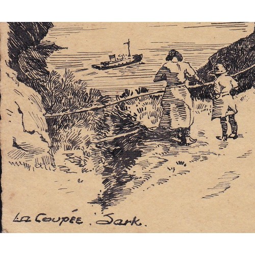 80 - English School, 20th century, pen and ink sketch, La Coupee Sark dated 1943, unsigned, unframed, 9 x... 