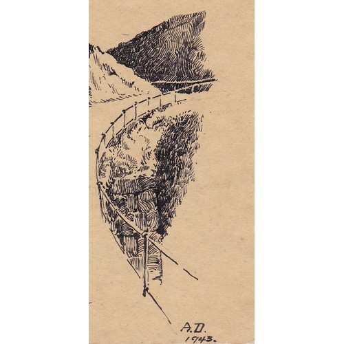 80 - English School, 20th century, pen and ink sketch, La Coupee Sark dated 1943, unsigned, unframed, 9 x... 