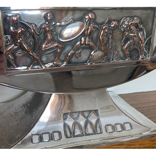 56 - Art Deco silver plated centrepiece by WMF with two panels in high relief depicting classical figures... 