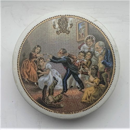 36 - Prattware Pot Lid, Blind Man's Buff, 9 cm diameter.