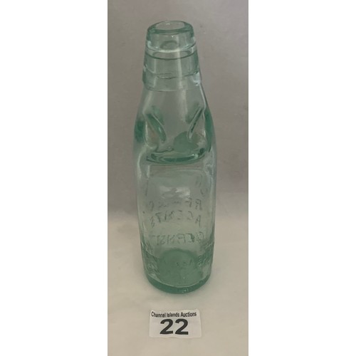 22 - Aqua glass Codd bottle, Lipton Ld. R B R & Co Agents Guernsey, 20 cm high.