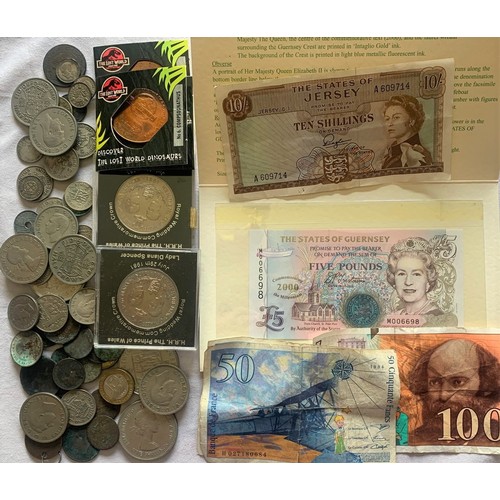 158 - Guernsey £5 banknote and others, various coins.