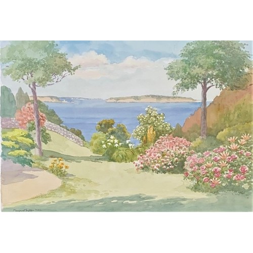 167 - Margaret Waller FIAL (British 1916-1997) View of Herm and Jethou from a Sark garden, watercolour, si... 