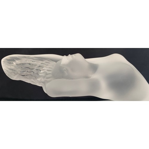 63 - Lalique opalescent glass female form figure, Chrysis, set on a circular foot, the base with Lalique ... 