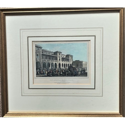 260 - Framed Moss Lithograph, New Arcade and Market Place, Guernsey, circa 1830, rare miniature edition wi... 