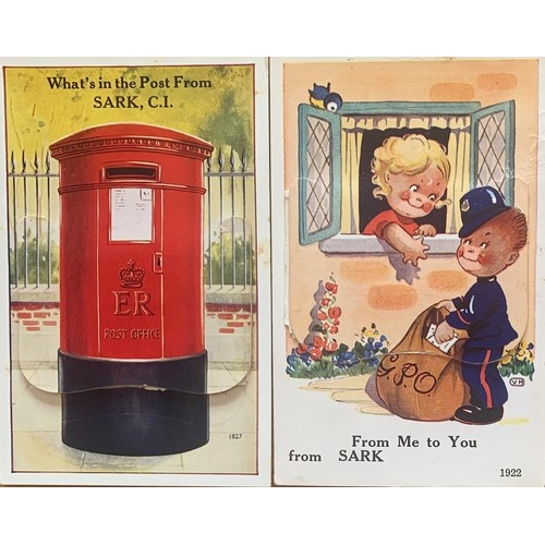 14 - Three mailing novelty postcards of Sark interest with drop down views, one by Mabel Lucie Attwell (3... 