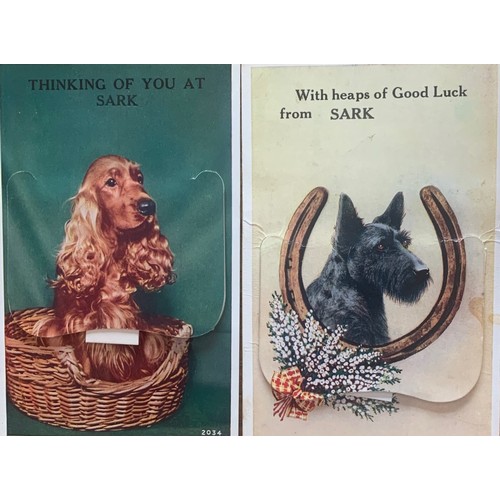 15 - Four Mailing Novelty postcards with drop down views of Sark also featuring dogs (4).