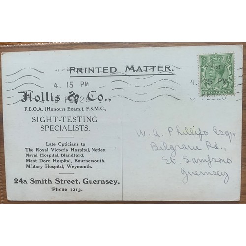 25 - Printed postcard, Hollis & Co. Sight Testing Rooms, 24a Smith Street Guernsey, with advertising back... 