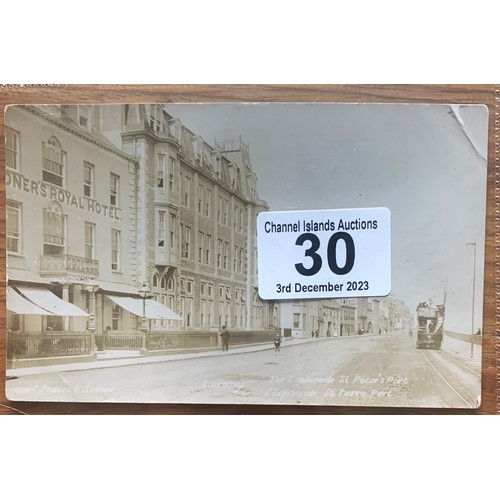 30 - Real photographic postcard, Gardeners Royal Hotel Esplanade Guernsey, with street scene and Tram, po... 