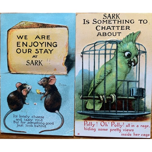 32 - Five Mailing Novelty postcards with drop down views of Sark, including one featuring a parrot and on... 