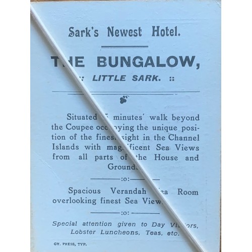 36 - Printed postcard, Bungalow Hotel Little Sark, together with two printed advertisements, one with pos... 